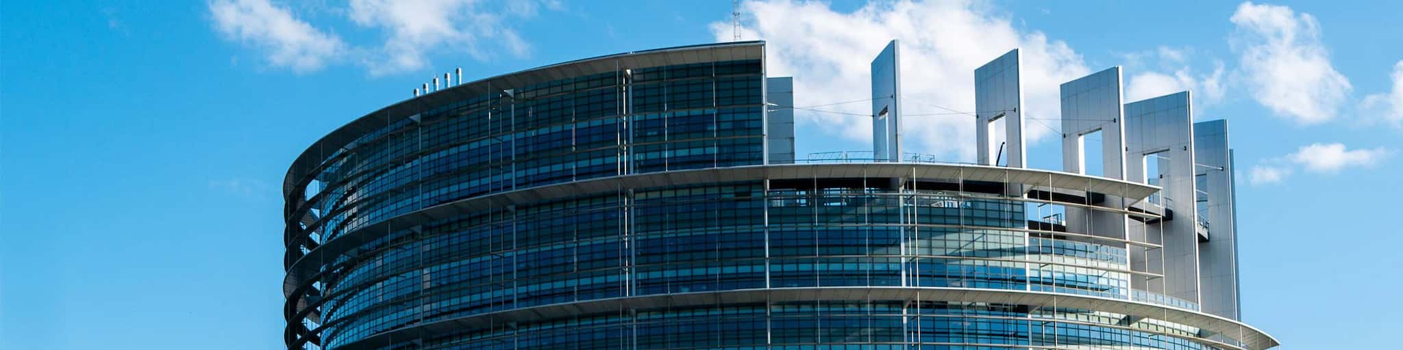 Die Dachansicht des Europäischen Parlaments vor blauem Himmel.